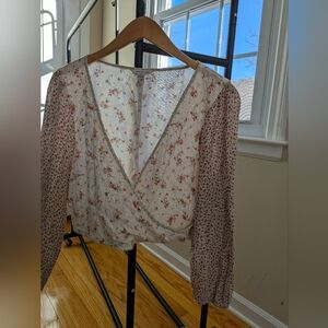 American Eagle Outfitters Floral V-Neck Blouse - Cream and Pink